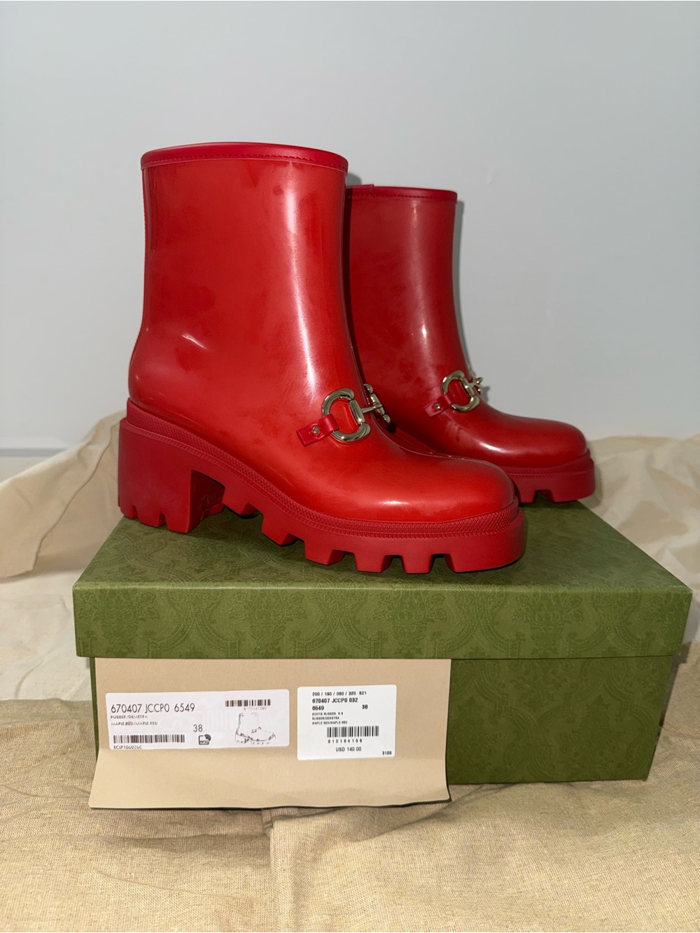 Gucci Red Lug-Sole Rubber Ankle Boots with Horsebit